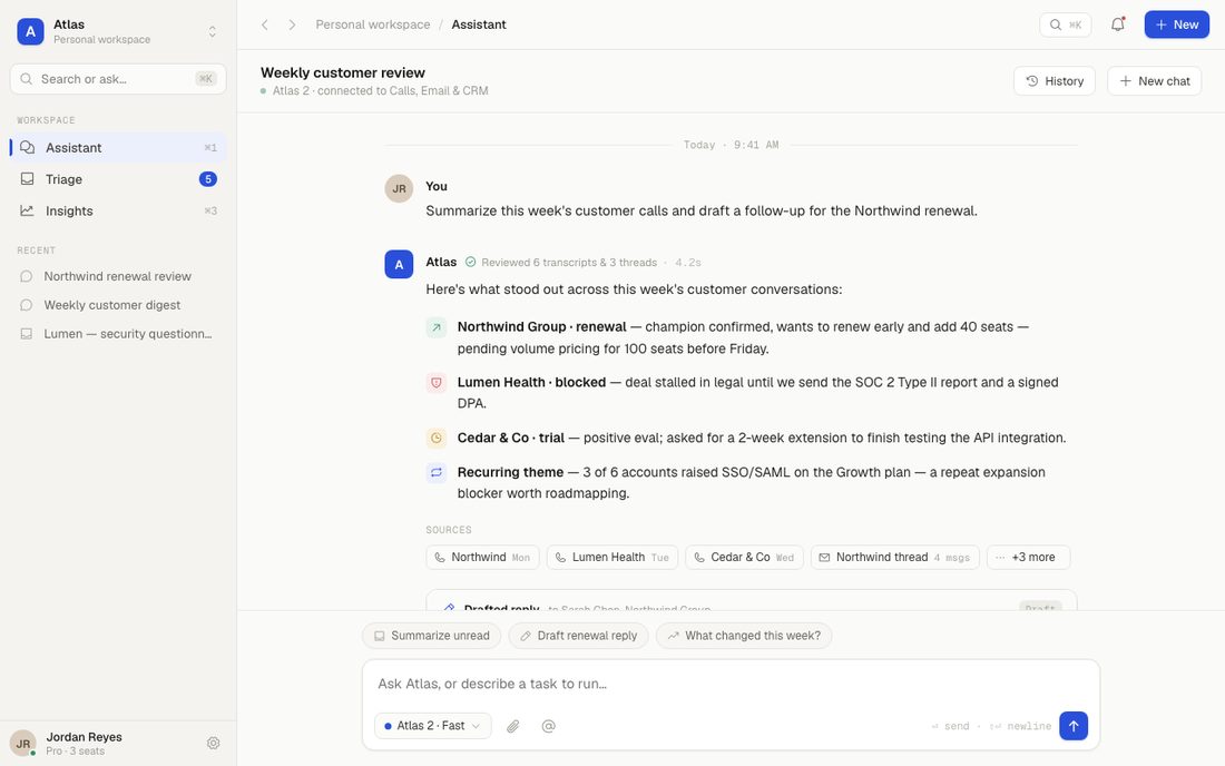 Preview of the Atlas AI workspace app — assistant summarising customer calls and drafting a reply
