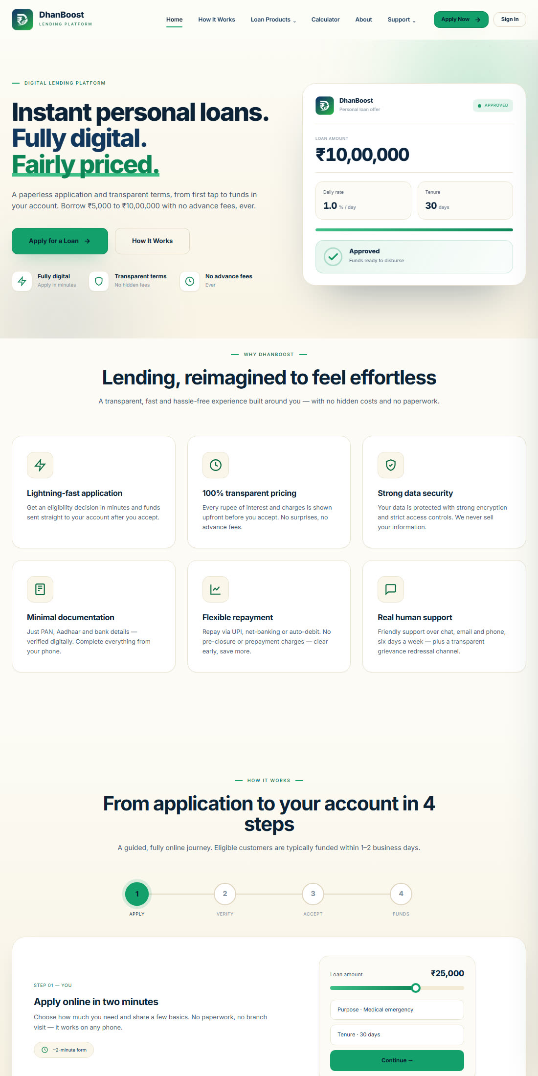 The DhanBoost site, showing the loan calculator and repayment-date planner