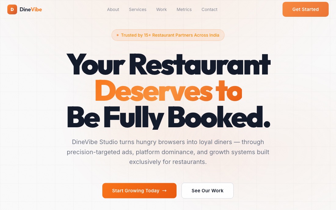 Preview of the DineVibe Studio site — 'Your Restaurant Deserves to Be Fully Booked' hero for a restaurant marketing agency