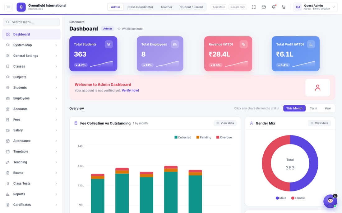 Preview of the E-School 365 admin dashboard — KPI cards, fee-collection and gender-mix charts