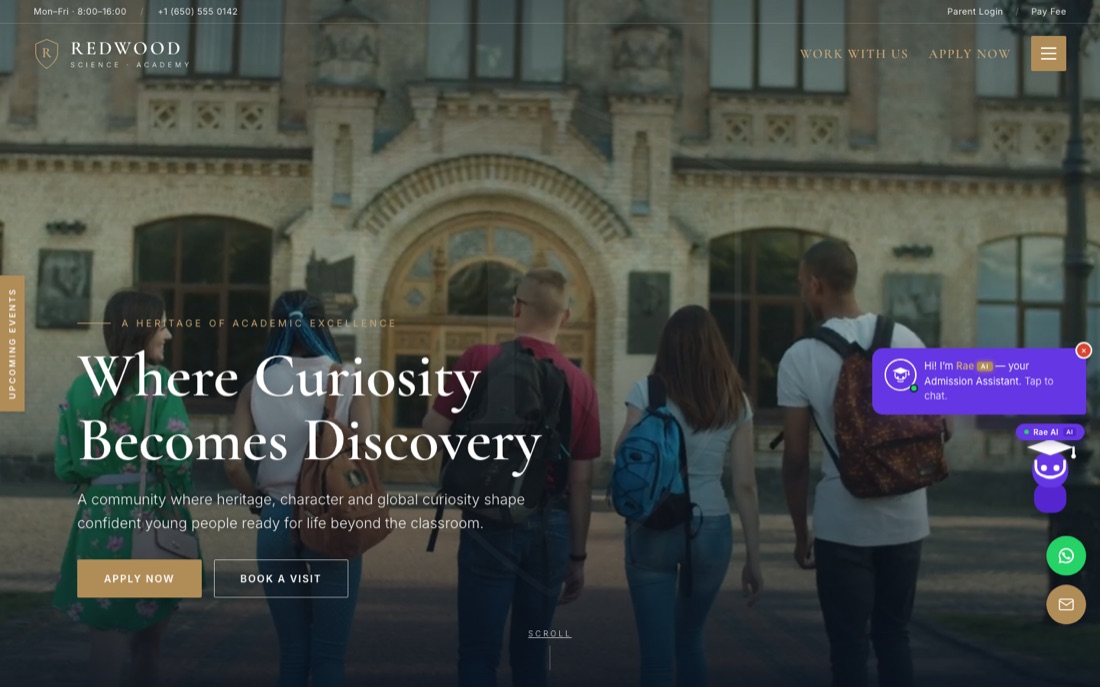 Preview of the Redwood Science Academy website — navy/gold hero, 'Where Curiosity Becomes Discovery'