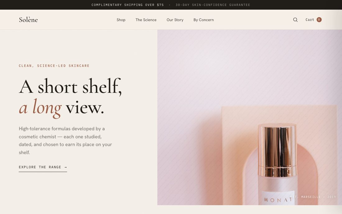 Preview of the Solène skincare storefront — product hero with shop navigation