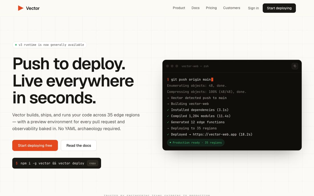 Preview of the Vector developer-platform marketing site — 'Push to deploy' hero with a live deploy terminal